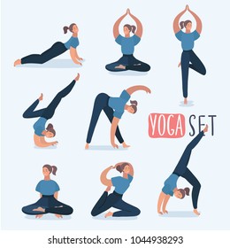 Vector cartoon funny girl in different Yoga poses isolated on white background. Cute woman in modern style. Female characters on isolated background.