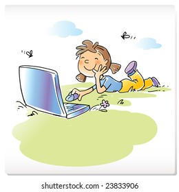  vector cartoon funny girl sitting on grass with laptop computer, hand- drawing style