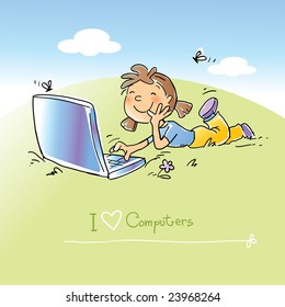  vector cartoon funny girl sitting on grass with laptop computer, hand- drawing style