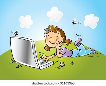  vector cartoon funny girl sitting on grass with laptop computer, hand- drawing style