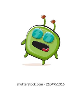 Vector cartoon funny green alien monster isolated on white background. Smiling silly green monster print sticker design template. Cute Ghost, troll, gremlin, goblin, devil and monster