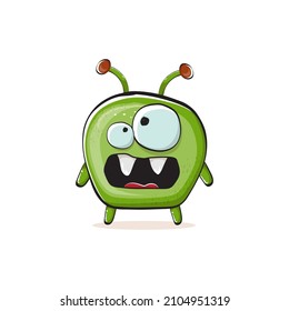 Vector cartoon funny green alien monster isolated on white background. Smiling silly green monster print sticker design template. Cute Ghost, troll, gremlin, goblin, devil and monster