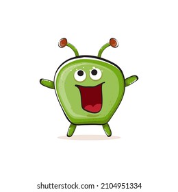 Vector cartoon funny green alien monster isolated on white background. Smiling silly green monster print sticker design template. Cute Ghost, troll, gremlin, goblin, devil and monster