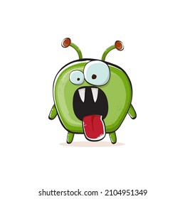 Vector cartoon funny green alien monster isolated on white background. Smiling silly green monster print sticker design template. Cute Ghost, troll, gremlin, goblin, devil and monster