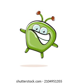 Vector cartoon funny green alien monster isolated on white background. Smiling silly green monster print sticker design template. Cute Ghost, troll, gremlin, goblin, devil and monster