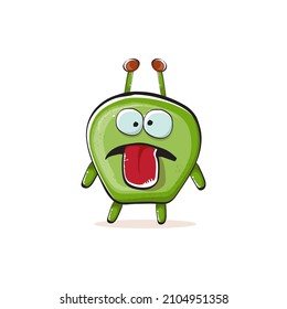 Vector cartoon funny green alien monster isolated on white background. Smiling silly green monster print sticker design template. Cute Ghost, troll, gremlin, goblin, devil and monster