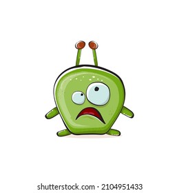 Vector cartoon funny green alien monster isolated on white background. Smiling silly green monster print sticker design template. Cute Ghost, troll, gremlin, goblin, devil and monster