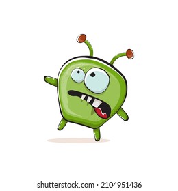 Vector cartoon funny green alien monster isolated on white background. Smiling silly green monster print sticker design template. Cute Ghost, troll, gremlin, goblin, devil and monster