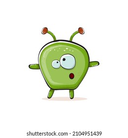 Vector cartoon funny green alien monster isolated on white background. Smiling silly green monster print sticker design template. Cute Ghost, troll, gremlin, goblin, devil and monster