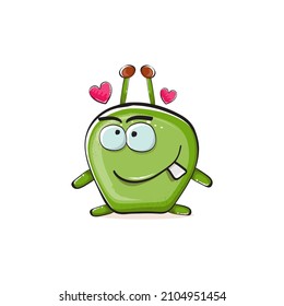 Vector cartoon funny green alien monster isolated on white background. Smiling silly green monster print sticker design template. Cute Ghost, troll, gremlin, goblin, devil and monster