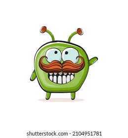 Vector cartoon funny green alien monster isolated on white background. Smiling silly green monster print sticker design template. Cute Ghost, troll, gremlin, goblin, devil and monster