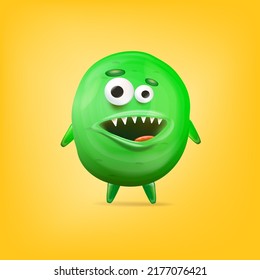 Vector cartoon funny green alien monster isolated on yellow background. Smiling silly green monster print sticker design template. Cute Ghost, troll, gremlin, goblin, devil and halloween monster