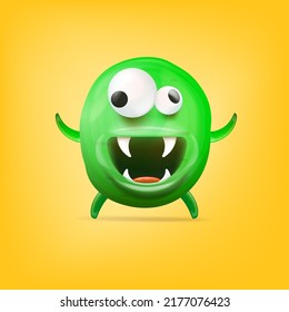 Vector cartoon funny green alien monster isolated on yellow background. Smiling silly green monster print sticker design template. Cute Ghost, troll, gremlin, goblin, devil and halloween monster