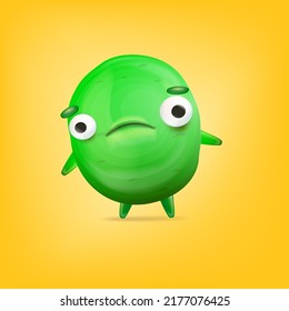 Vector cartoon funny green alien monster isolated on yellow background. Sad silly green monster print sticker design template. Cute sad Ghost, troll, gremlin, goblin, devil and halloween monster