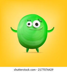 Vector cartoon funny green alien monster isolated on yellow background. Smiling silly green monster print sticker design template. Cute Ghost, troll, gremlin, goblin, devil and halloween monster