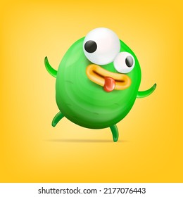 Vector cartoon funny green alien monster isolated on yellow background. Smiling silly green monster print sticker design template. Cute Ghost, troll, gremlin, goblin, devil and halloween monster