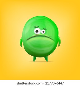 Vector cartoon funny green alien monster isolated on yellow background. Sad silly green monster print sticker design template. Cute sad Ghost, troll, gremlin, goblin, devil and halloween monster