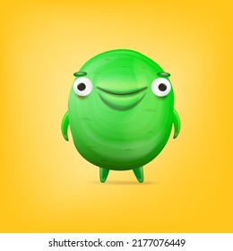 Caricatura vectorial monstruo extraño verde gracioso aislado en el fondo amarillo. Plantilla de diseño de pegatinas de impresión de monstruo verde y sonriente. Fantasma, troll, gavilina, goblin, monstruo del diablo y de halloween