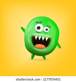 Vector cartoon funny green alien monster isolated on yellow background. Smiling silly green monster print sticker design template. Cute Ghost, troll, gremlin, goblin, devil and halloween monster