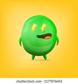 Vector cartoon funny green alien monster isolated on yellow background. Smiling silly green monster print sticker design template. Cute Ghost, troll, gremlin, goblin, devil and halloween monster