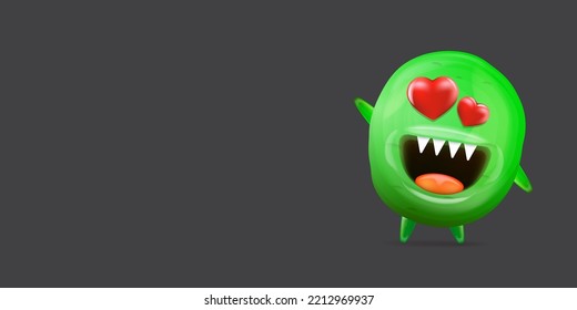 Vector cartoon funny green alien monster with heart eyes isolated on grey background. Silly monster print sticker design template. Cute Ghost, troll, gremlin, goblin, devil and halloween monster