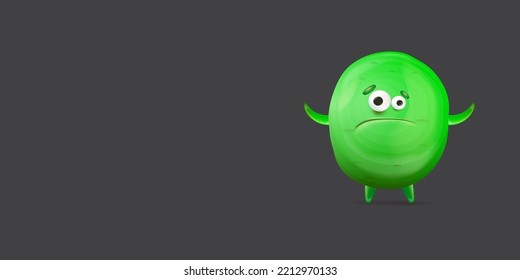 Vector cartoon funny green alien monster isolated on grey background. Sad silly green monster print sticker design template. Cute sad Ghost, troll, gremlin, goblin, devil and halloween monster