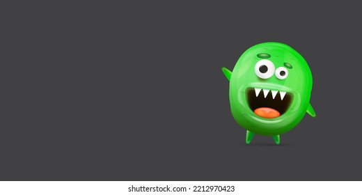 Vector cartoon funny green alien monster isolated on grey background. Smiling silly green monster print sticker design template. Cute Ghost, troll, gremlin, goblin, devil and halloween monster