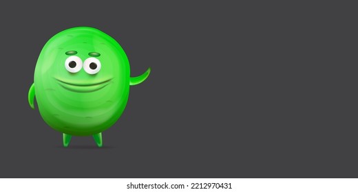 Vector cartoon funny green alien monster isolated on grey background. Smiling silly green monster print sticker design template. Cute Ghost, troll, gremlin, goblin, devil and halloween monster