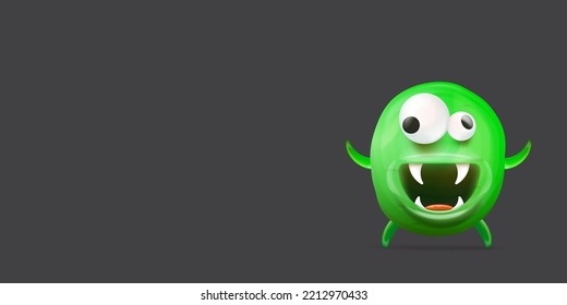 Vector cartoon funny green alien monster isolated on grey background. Smiling silly green monster print sticker design template. Cute Ghost, troll, gremlin, goblin, devil and halloween monster