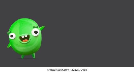 Vector cartoon funny green alien monster isolated on grey background. Smiling silly green monster print sticker design template. Cute Ghost, troll, gremlin, goblin, devil and halloween monster