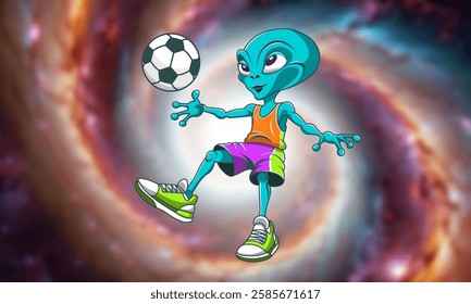 Vector cartoon funny green alien floating in space in sports uniform, shorts, T-shirt, sneakers and with football ball. Blurred spiral bright galaxy. Toon extraterrestrial sport