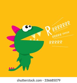 Vector cartoon funny green dragon. Cartoon cute monster Dinosaur.
