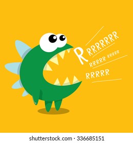 Vector cartoon funny green dragon. Cartoon cute monster Dinosaur.