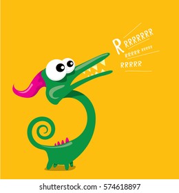 Vector cartoon funny green dragon. Cartoon cute green monster Dinosaur.