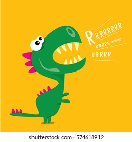Vector cartoon funny green dragon. Cartoon cute green monster Dinosaur.