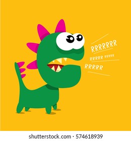 Vector cartoon funny green dragon. Cartoon cute green monster Dinosaur.