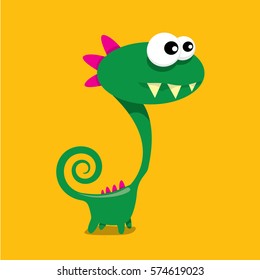 Vector cartoon funny green dragon. Cartoon cute green monster Dinosaur.