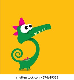 Vector cartoon funny green dragon. Cartoon cute green monster Dinosaur.