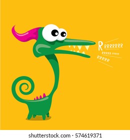 Vector cartoon funny green dragon. Cartoon cute green monster Dinosaur.