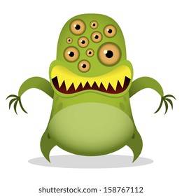 Vector Cartoon Funny Green Many-eyed Monster Isolated
