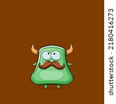Vector cartoon funny green monster with horn isolated on brown background. Smiling silly green monster print sticker design template. Ghost, troll, gremlin, goblin, devil and monster