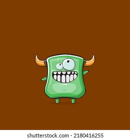 Vector cartoon funny green monster with horn isolated on brown background. Smiling silly green monster print sticker design template. Ghost, troll, gremlin, goblin, devil and monster