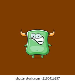 Vector cartoon funny green monster with horn isolated on brown background. Smiling silly green monster print sticker design template. Ghost, troll, gremlin, goblin, devil and monster