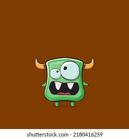 Vector cartoon funny green monster with horn isolated on brown background. Smiling silly green monster print sticker design template. Ghost, troll, gremlin, goblin, devil and monster