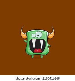 Vector cartoon funny green monster with horn isolated on brown background. Smiling silly green monster print sticker design template. Ghost, troll, gremlin, goblin, devil and monster