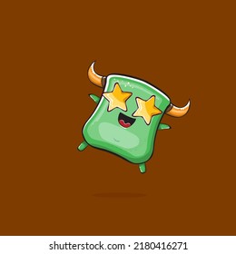 Vector cartoon funny green monster with horn isolated on brown background. Smiling silly green monster print sticker design template. Ghost, troll, gremlin, goblin, devil and monster