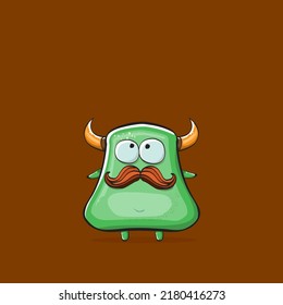 Vector cartoon funny green monster with horn isolated on brown background. Smiling silly green monster print sticker design template. Ghost, troll, gremlin, goblin, devil and monster