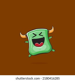Vector cartoon funny green monster with horn isolated on brown background. Smiling silly green monster print sticker design template. Ghost, troll, gremlin, goblin, devil and monster