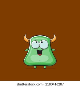 Vector cartoon funny green monster with horn isolated on brown background. Smiling silly green monster print sticker design template. Ghost, troll, gremlin, goblin, devil and monster