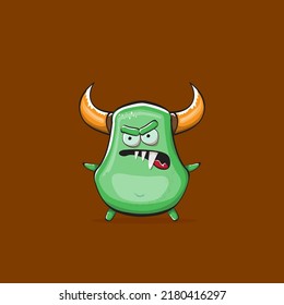 Vector cartoon funny green monster with horn isolated on brown background. Smiling silly green monster print sticker design template. Ghost, troll, gremlin, goblin, devil and monster